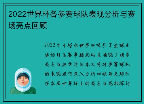 2022世界杯各参赛球队表现分析与赛场亮点回顾