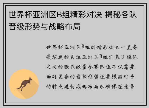 世界杯亚洲区B组精彩对决 揭秘各队晋级形势与战略布局