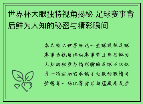世界杯大眼独特视角揭秘 足球赛事背后鲜为人知的秘密与精彩瞬间
