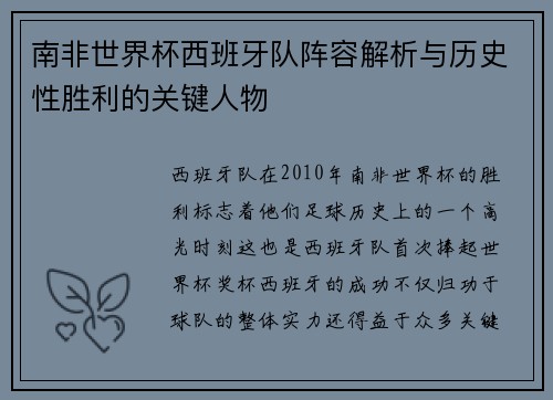 南非世界杯西班牙队阵容解析与历史性胜利的关键人物
