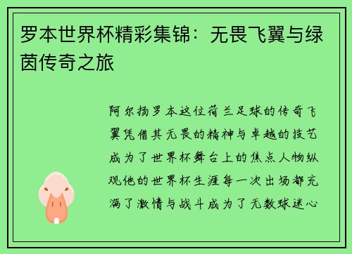 罗本世界杯精彩集锦：无畏飞翼与绿茵传奇之旅