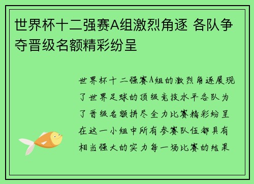 世界杯十二强赛A组激烈角逐 各队争夺晋级名额精彩纷呈
