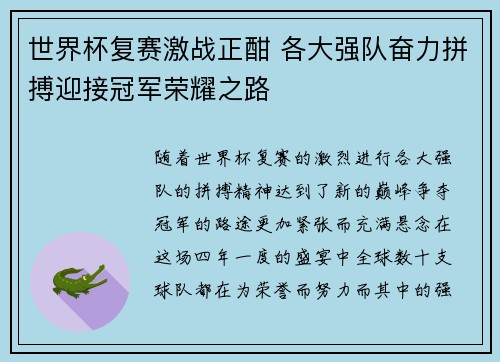世界杯复赛激战正酣 各大强队奋力拼搏迎接冠军荣耀之路