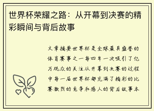 世界杯荣耀之路：从开幕到决赛的精彩瞬间与背后故事
